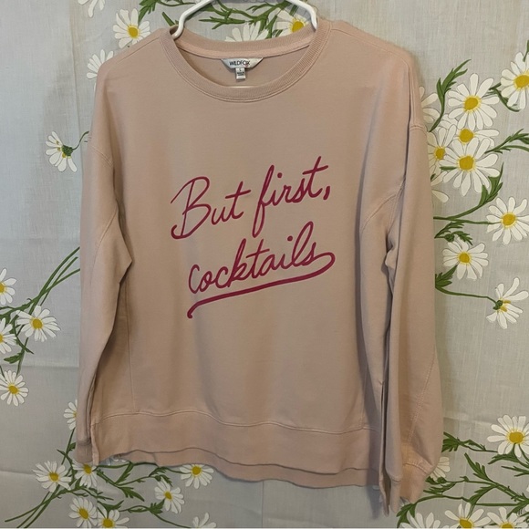 WILDFOX But First Cocktails pink tan cute quote graphic relaxed fit sweatshirt - Picture 3 of 9